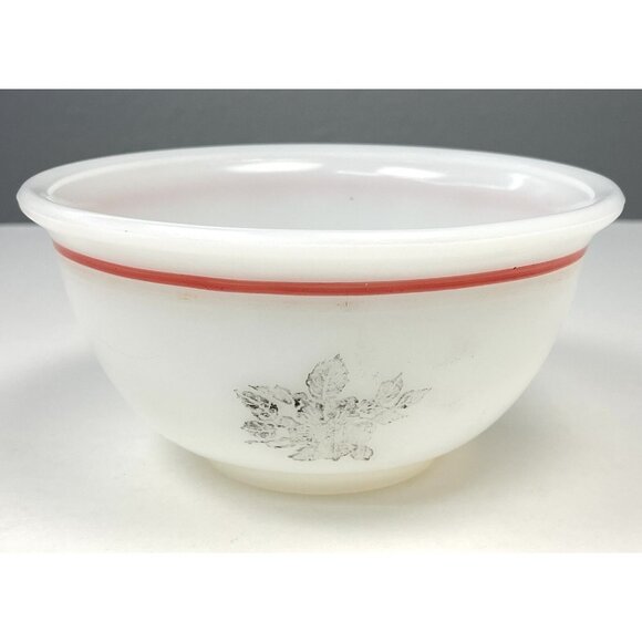 VTG 7" White Opalescent Milk Glass Mixing Bowl Red Rim & Flower (Faded) - Picture 1 of 6